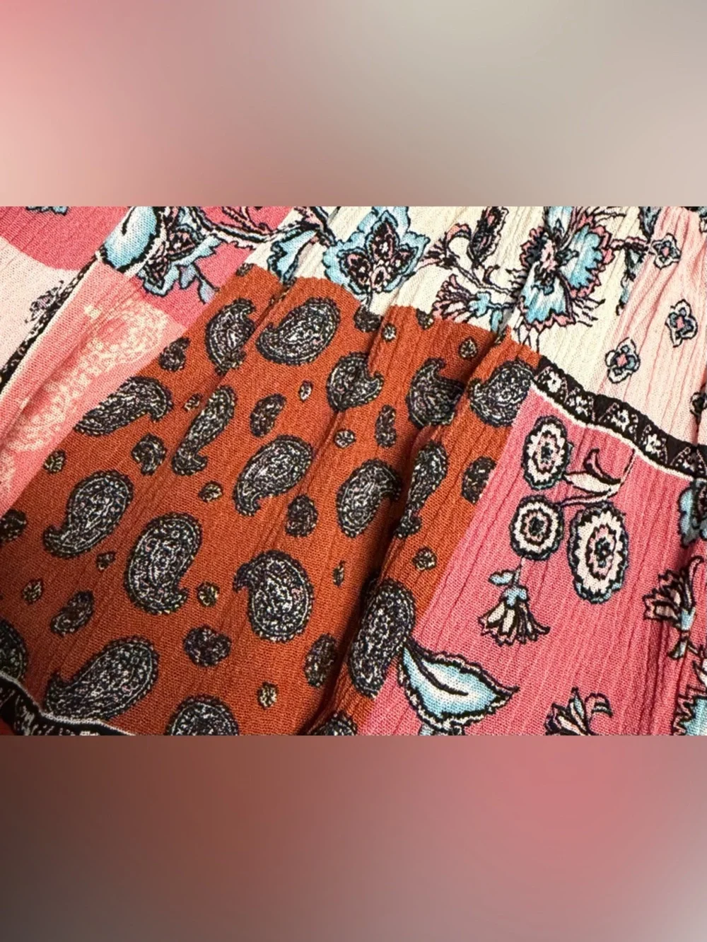 Patchwork V-Neck Midi Dress in Rust and Blush - Picture 6 of 10